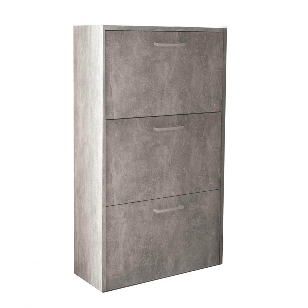 MOLLY SHOE RACK WITH 3 FLAP-DOORS, GREY CONCRETE EFFECT. 16 mm thick GREY CONCRETE EFFECT wooden shoe rack. Dimensions: 59 x 25 x 105 cm h.