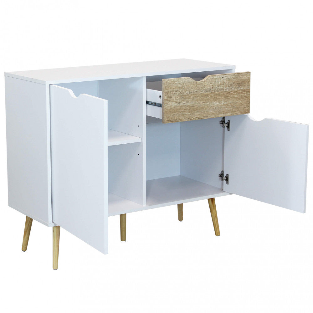 MOBILE THEODORE. Mobile con 1 anta e 2 cassetti in legno bianco e naturale Dimensioni: cm 99 x 39 x 82 h.