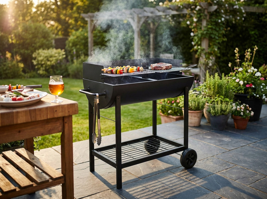 WISCONSIN CHARCOAL BARBECUE. BLACK painted steel structure with 2 grills. Dimensions: 100 x 47 x 94 h cm.