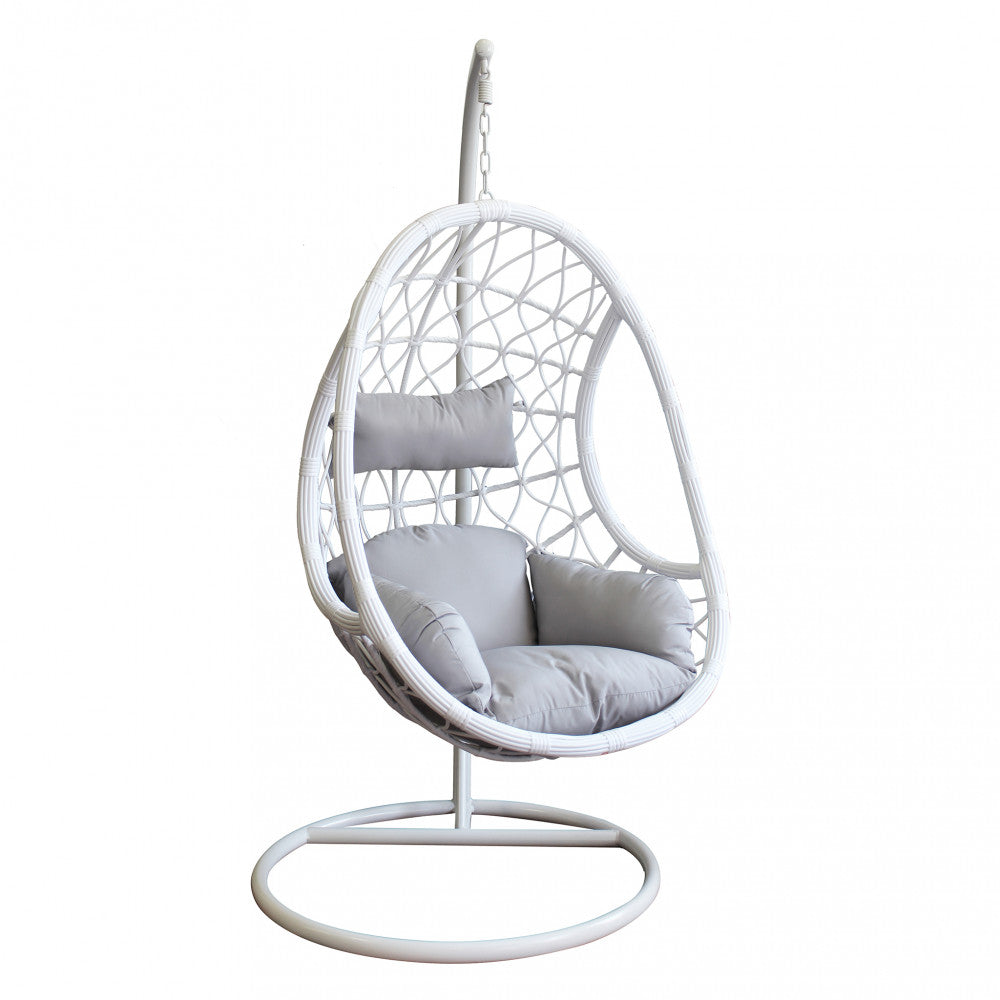 CAPRAIA SWING CHAIR. Matt dove grey metal frame, grey, white or natural wicker seat, 42 x 2.5 mm metal tubes, 42 x 1.5 mm base. Dimensions: Frame 95 x 195 h, seat 93 x 72 x 122 cm. Garden Furniture