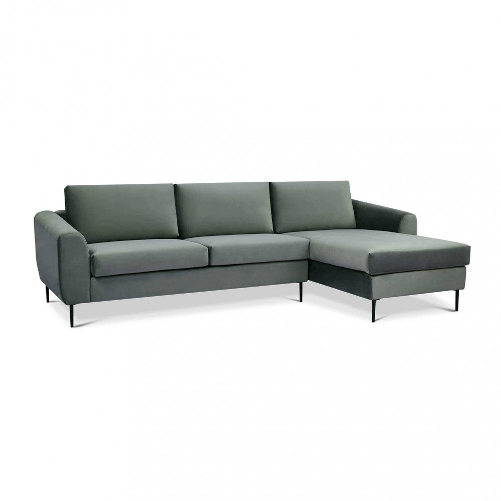 GREGORY SOFA WITH CHAISE LONGUE. Sofa with chaise longue in BROWN, GREY, or BLUE with metal legs. Dimensions: D.180x97x85/S.100x170x85.