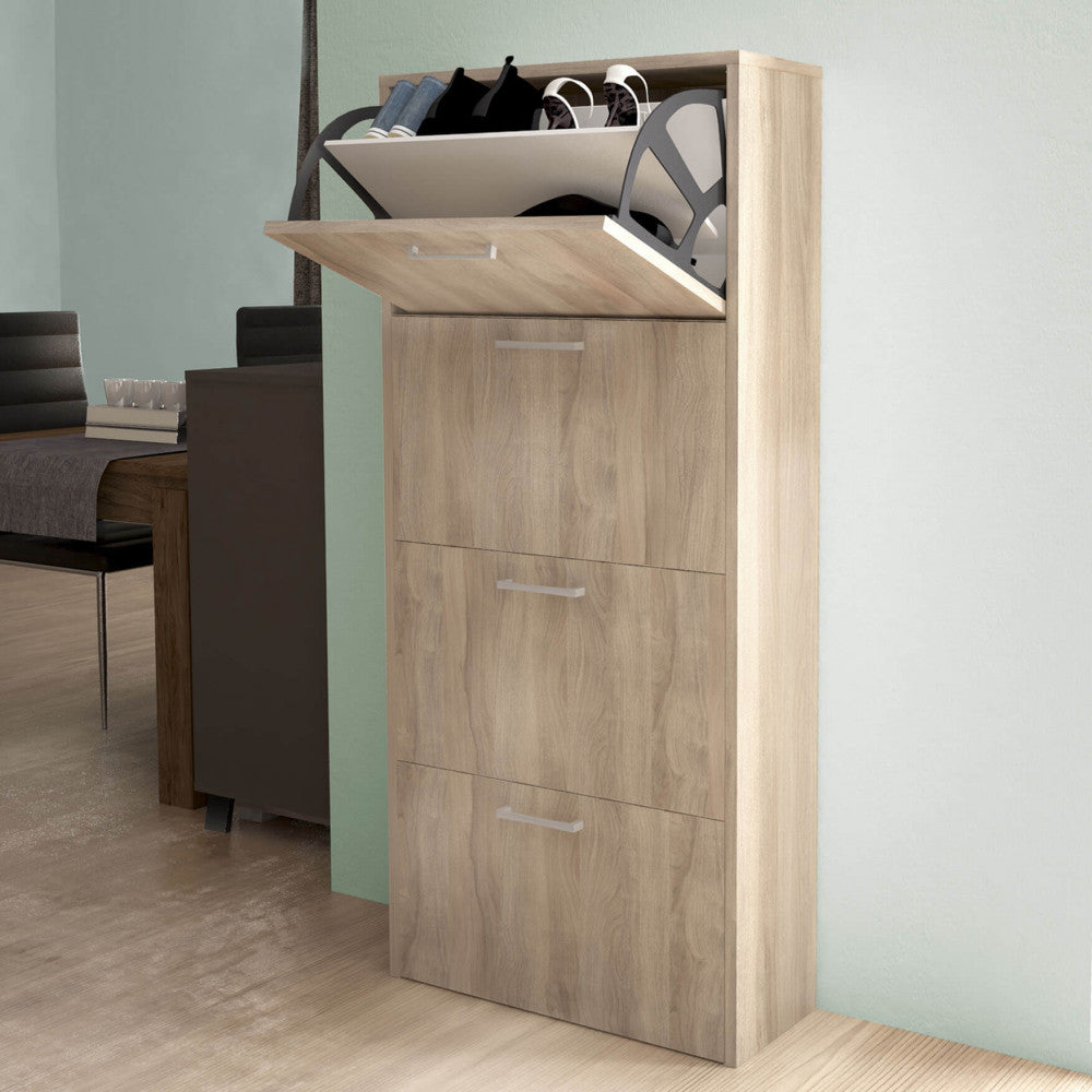 MOLLY SHOE RACK WITH 4 FLAP-DOORS IN LIGHT ELM. Shoe rack in LIGHT ELM wood, 16 mm thick. Dimensions: 59 x 25 x 140 cm.