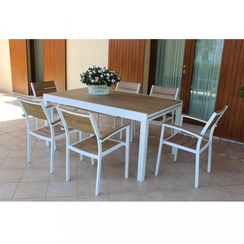 TAVOLO CAYMAN 160/240 X 95. Struttura in alluminio BIANCO o TAUPE piano in polywood color TEAK Dimensioni: cm 160/240 x 95 x 75 h. Arredo Giardino