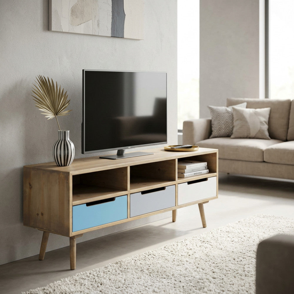 PORTA TV TIBURG. Struttura in MDF, gambe in legno di pino, top colore NATURALE 3 ripiani e 3 cassetti colorati Dimensioni: cm 120 x 35,5 x 29,5 h.