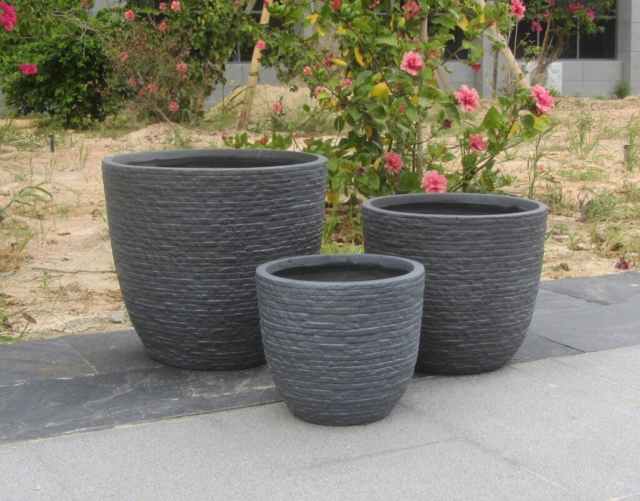 CYCLAMEN POT SET. Set of 3 synthetic fiber pots in LIGHT GREY, DARK GREY, or BEIGE. Dimensions: W. 44x44x39/M. 35x35x30.5/D. 27.5x27.5x24.5. Garden Furniture