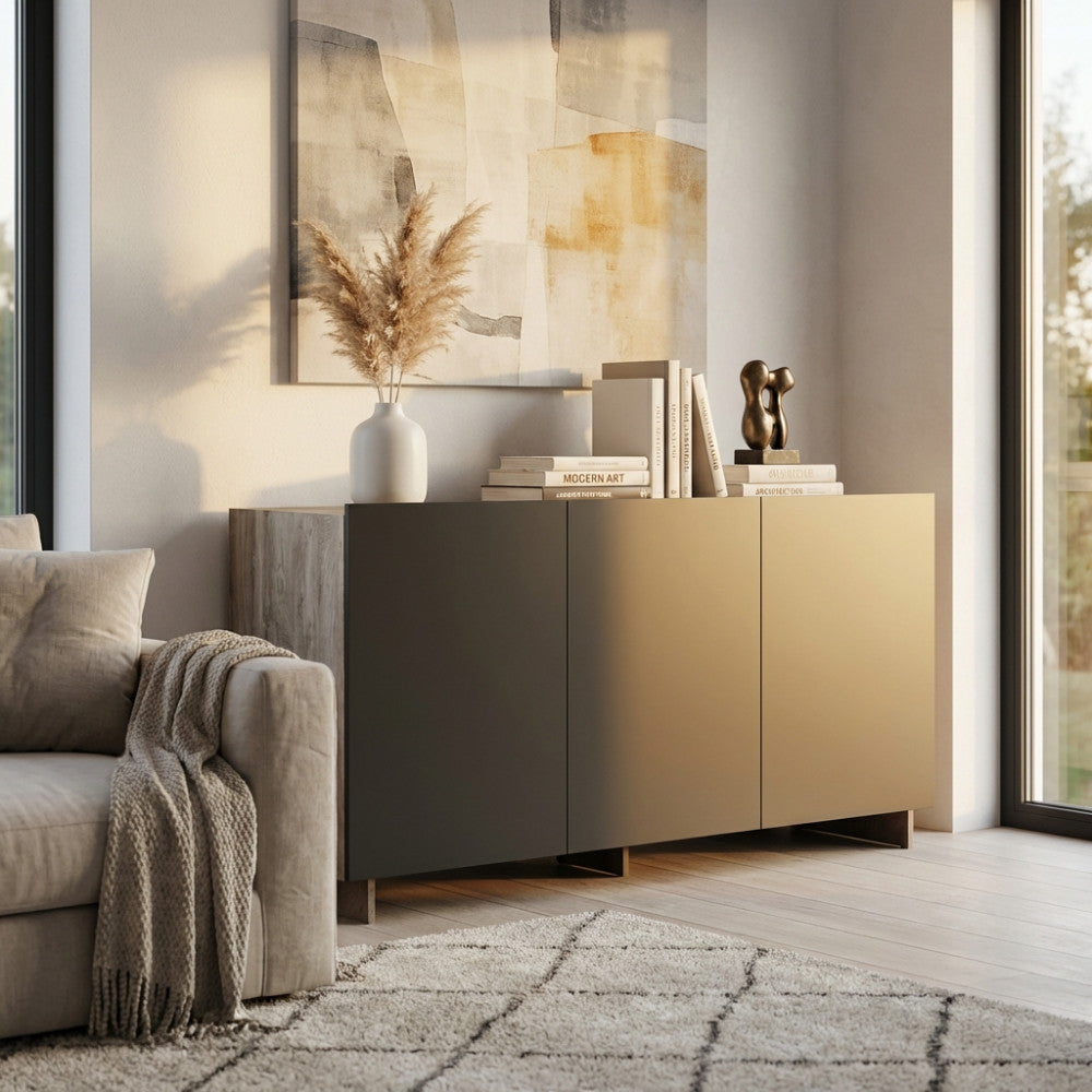 CREDENZA CARLILE ANTRACITE E ROVERE CHIARO. Credenza in legno ANTRACITE e ROVERE CHIARO Dimensioni: cm 150 x 40 x 76 h.