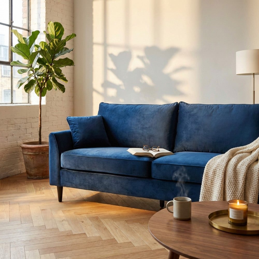 CHANDLER 3-SEAT SOFA. Sofa in TAUPE, BORDEAUX, GREY or BLUE velvet. Dimensions: 196 x 81 x 89 h cm.