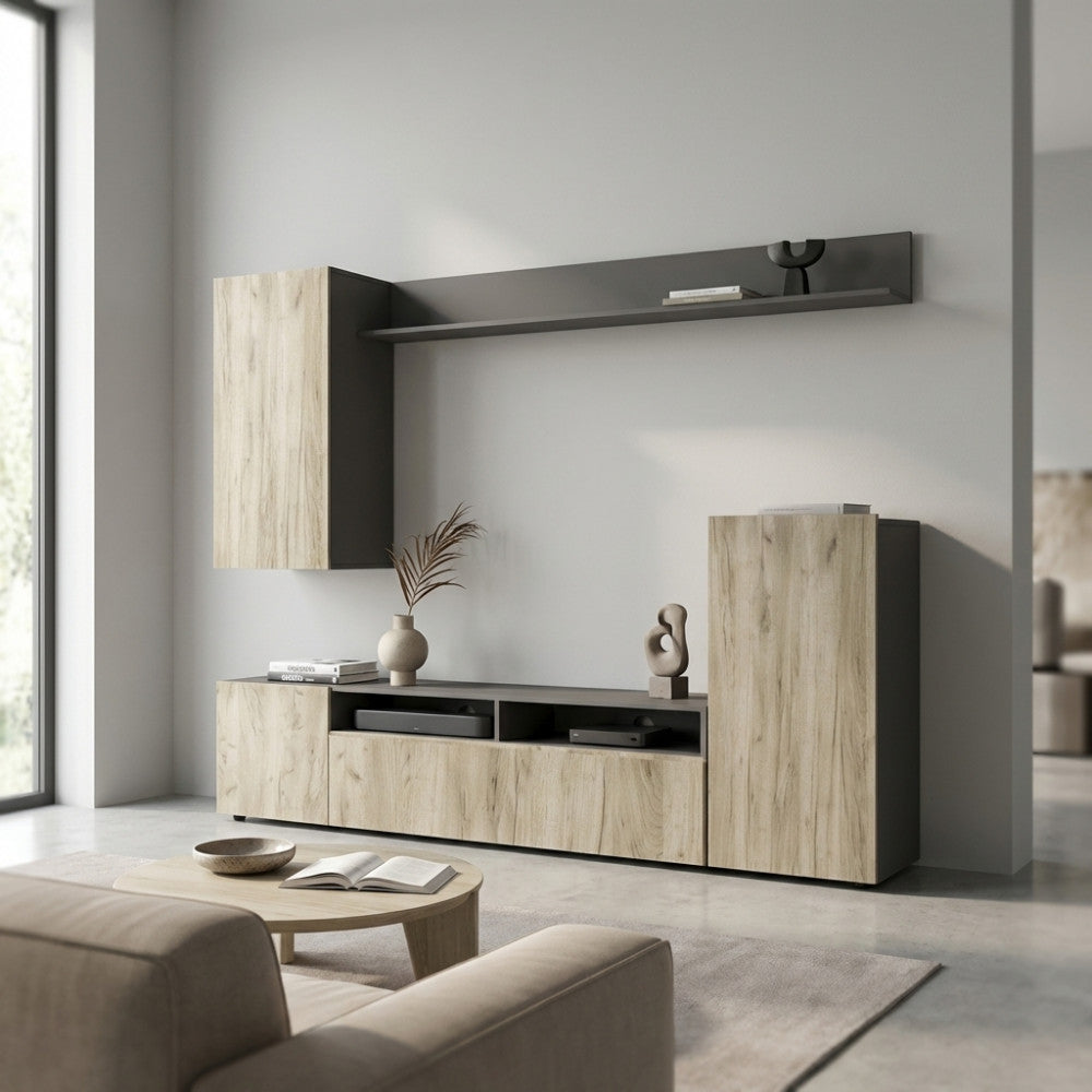 PARETE SOGGIORNO BRIDGE TAUPE E ROVERE. Dimensioni: cm 207 x 34 x 170 h.