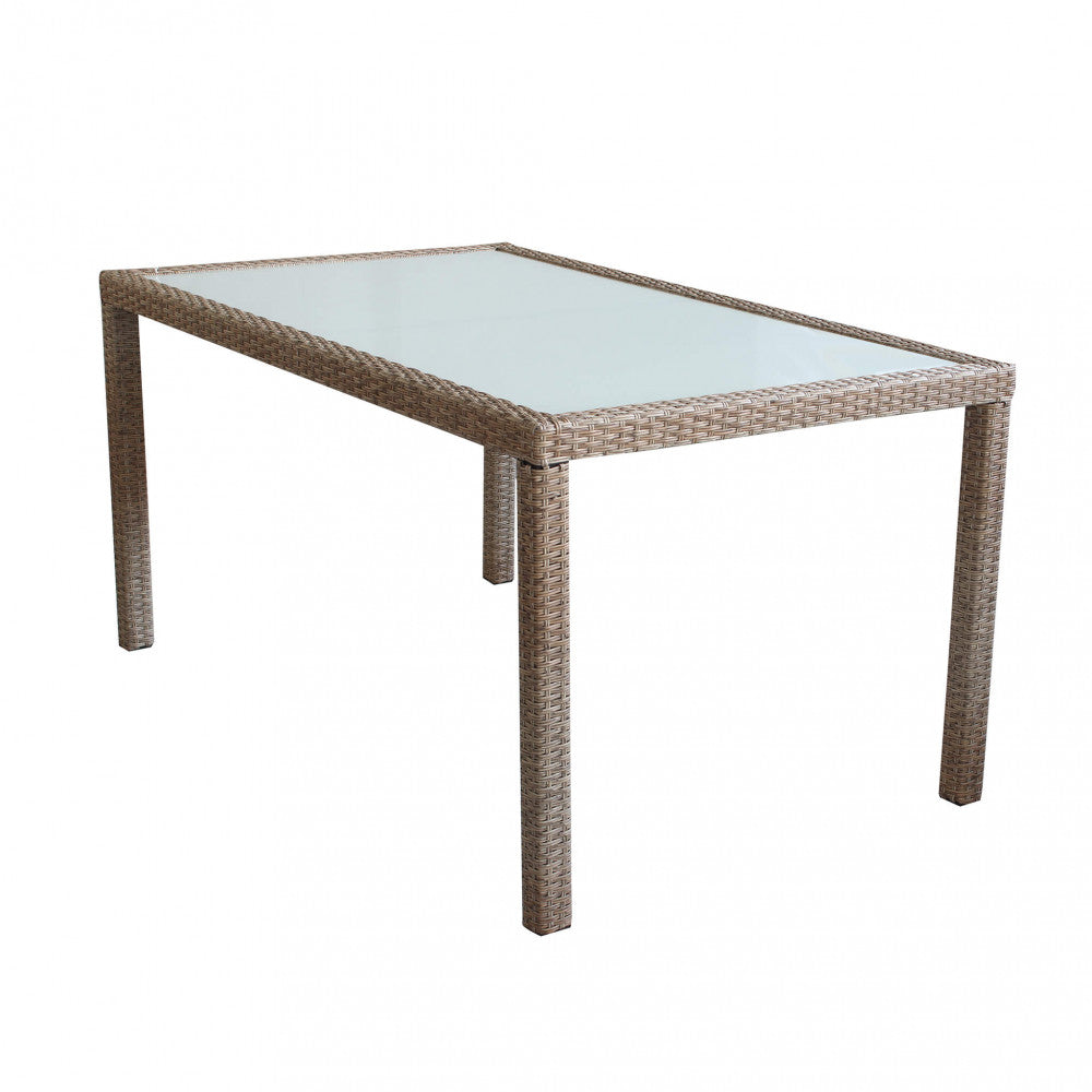 TAVOLO AZORE 150 X 90. Struttura in metallo, wicker MARRONE, GRIGIO o BIANCO materiale UV protection piano in vetro spessore 5 mm Dimensioni: cm 150 x 90. Arredo Giardino
