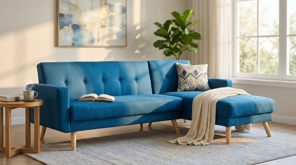 DIVANO LETTO ARTHUR. Divano Letto BLU MELANGE struttura in metallo e legno Dimensioni: D.176x84x84/DL.176x105x45/S.74x157x84/SL.74x178x45.