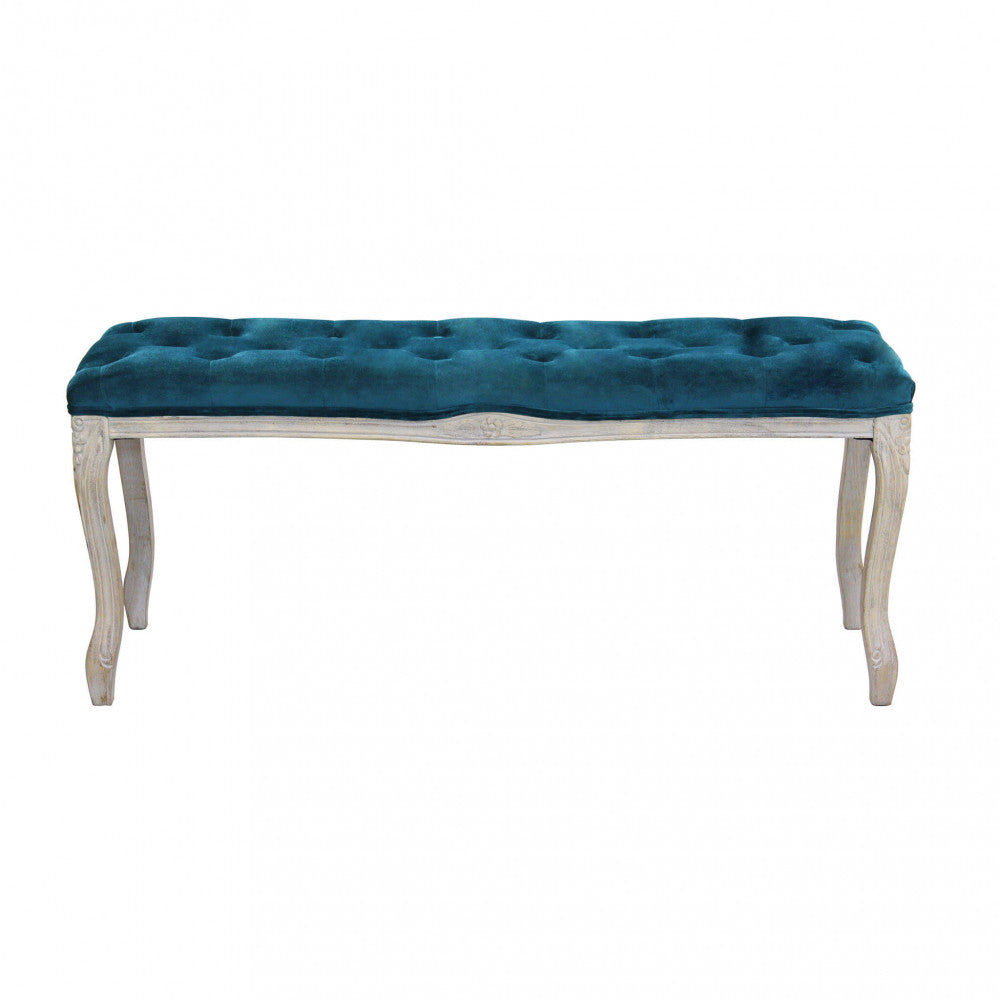 MISTY BENCH IN BLUE VELVET. Dimensions: 110 x 36 x 47 h cm.