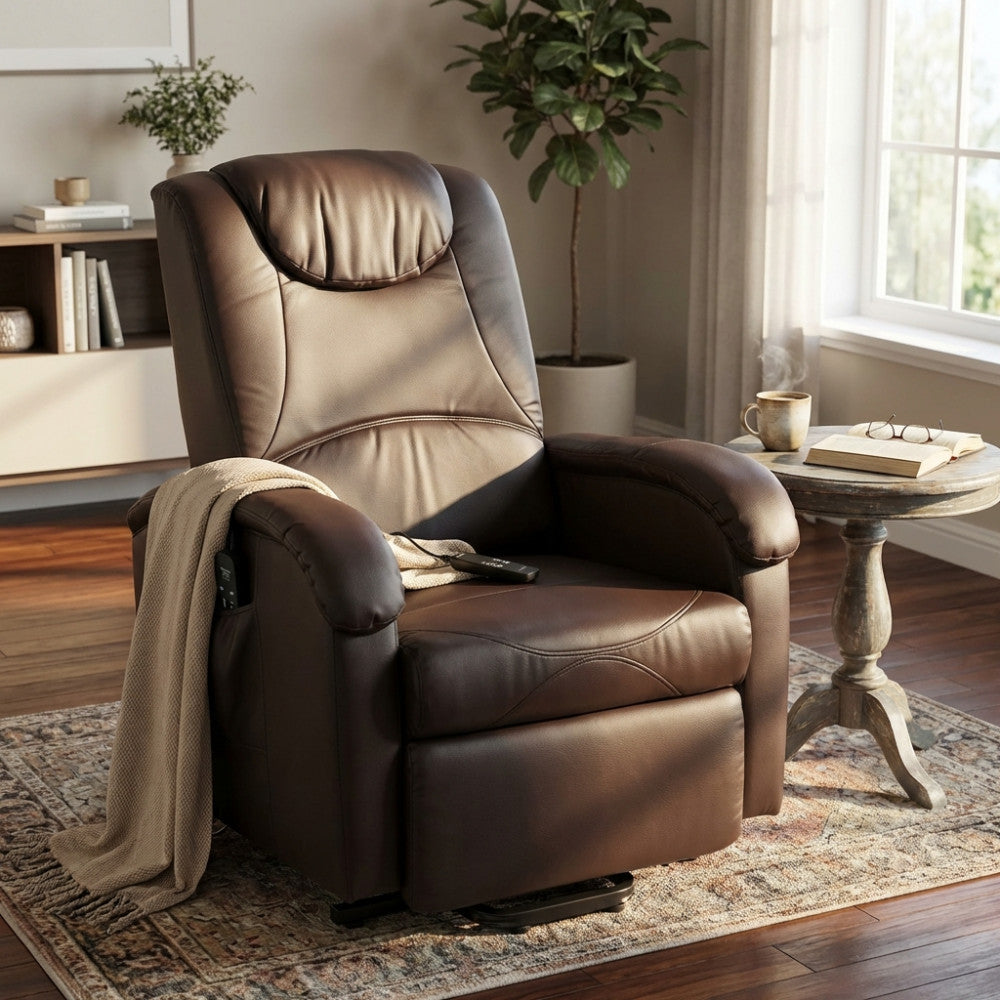 TAIGA ELECTRIC MASSAGE RELAXATION CHAIR. Armchair in BEIGE or BROWN eco-leather. It has a reclining relaxation opening and electric raise and lowering with massage function. Dimensions: 72 x 95/182 x 106/145 h cm.