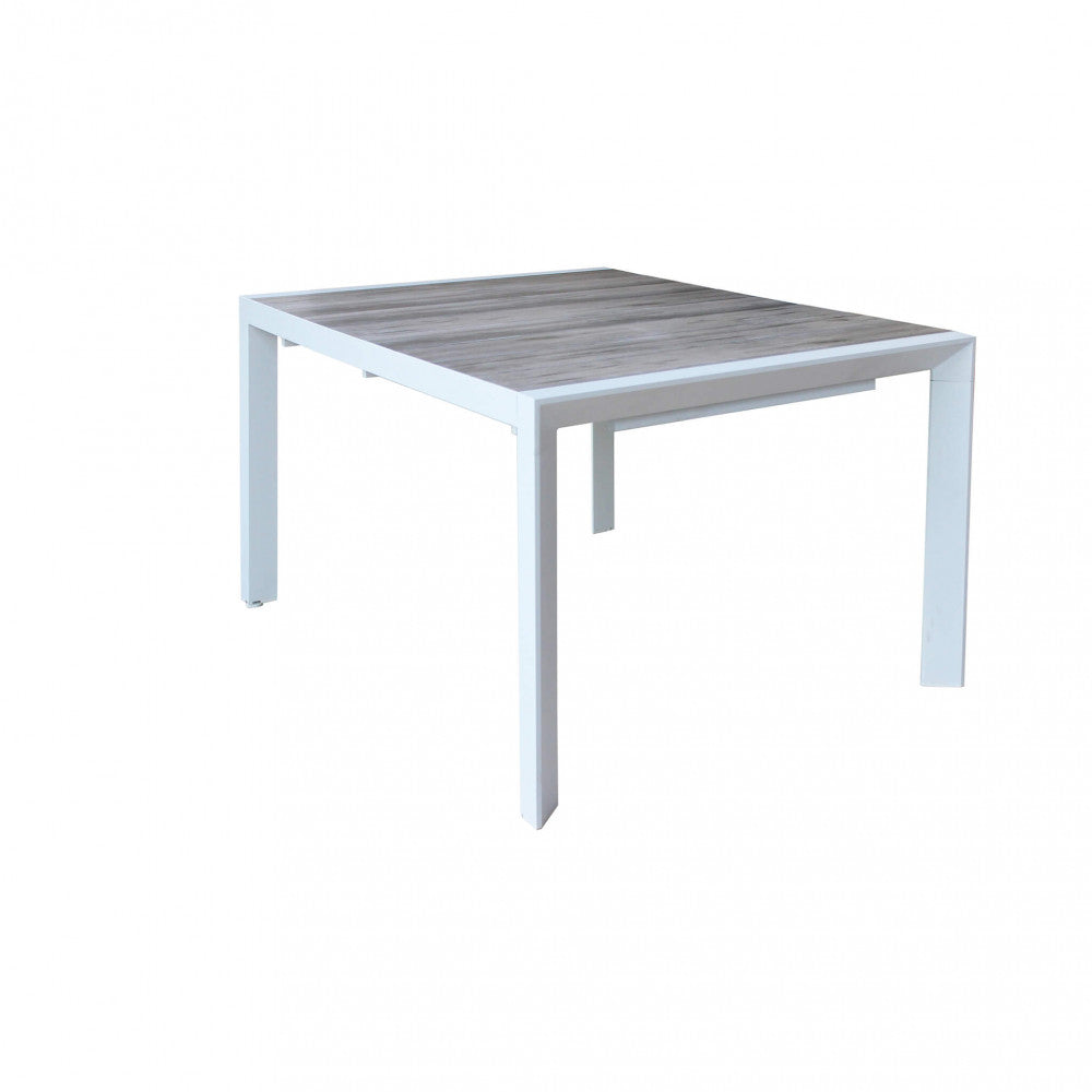 PORTLAND TABLE 175/235 X 100. Structure in ANTHRACITE, TAUPE or WHITE aluminium, table top in GREY wood-effect ceramic in NATURAL taupe. Dimensions: 175/235 x 100 x 75 h cm. Garden Furniture