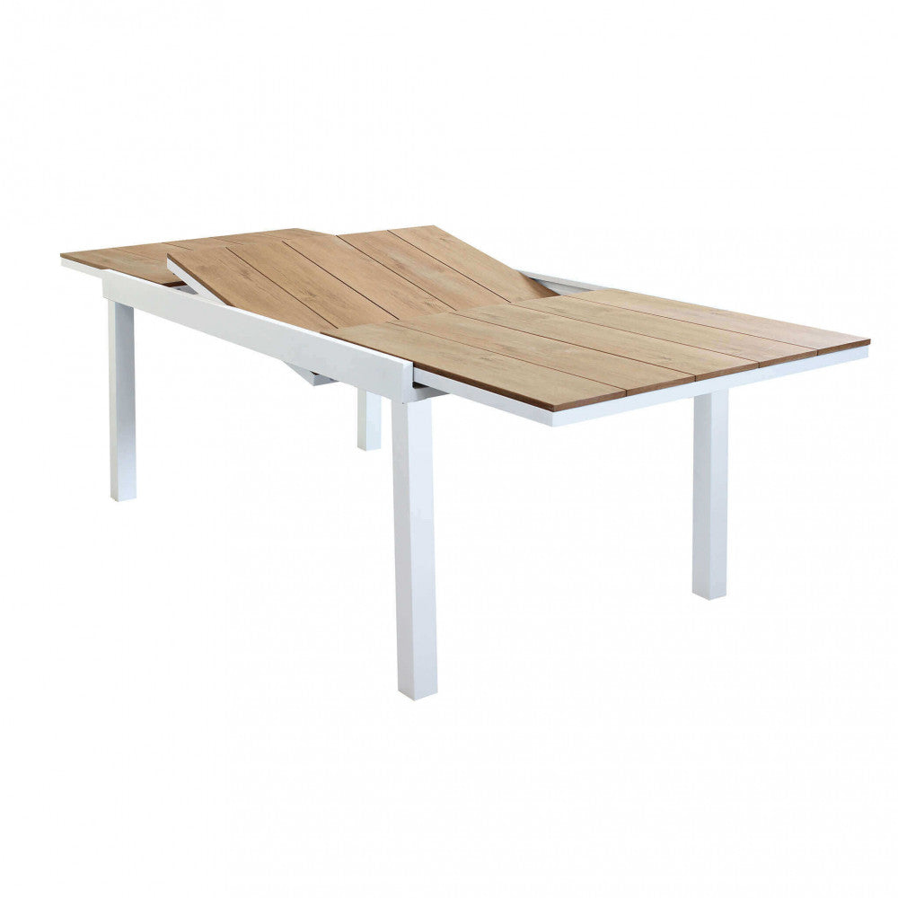 TAVOLO CAYMAN 160/240 X 95. Struttura in alluminio BIANCO o TAUPE piano in polywood color TEAK Dimensioni: cm 160/240 x 95 x 75 h. Arredo Giardino