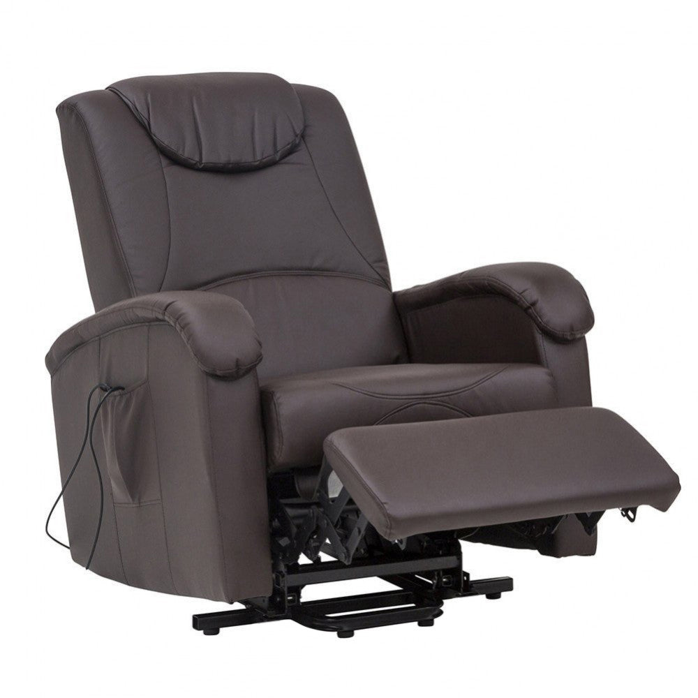 CEDRERA ELECTRIC RECLINING RELAX CHAIR. Armchair in BEIGE or BROWN eco-leather. Features a reclining relaxation opening and electric raising and lowering. Dimensions: 72 x 95/182 x 106/145 h cm.