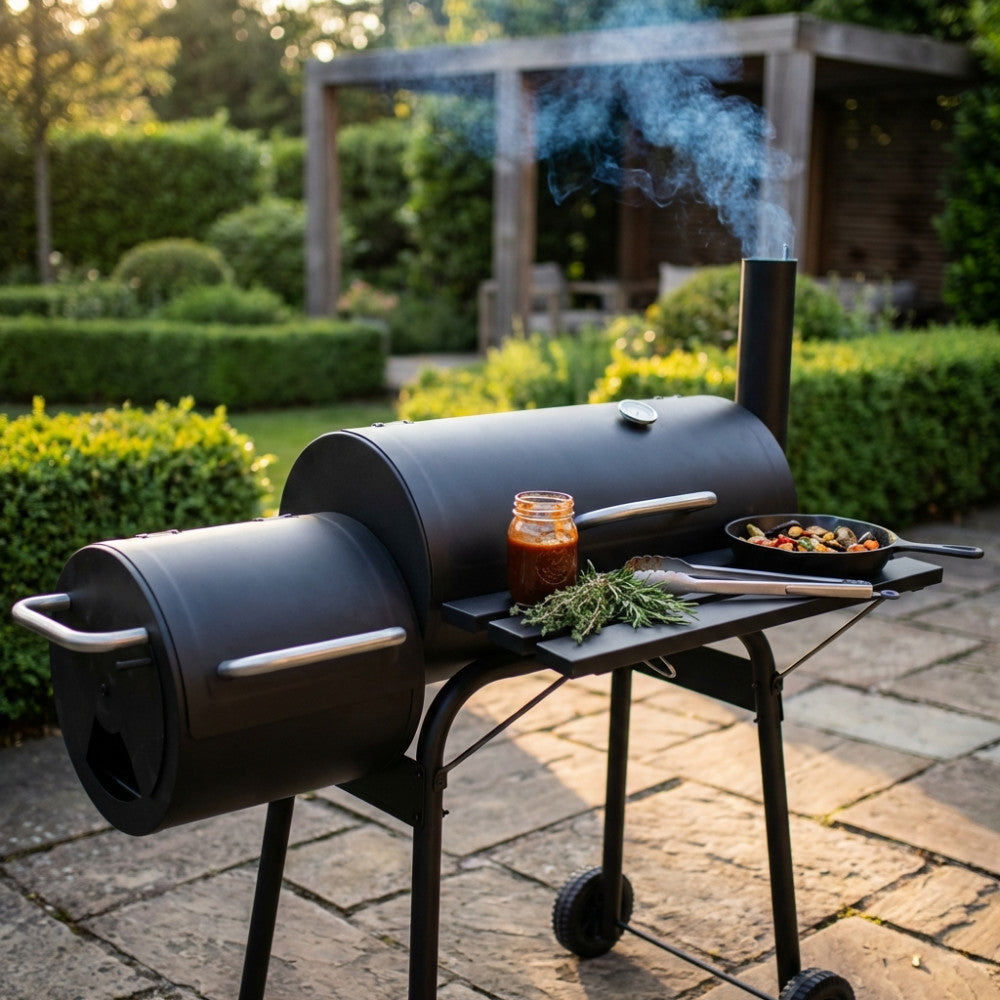 KENTUCKY CHARCOAL BARBECUE WITH SMOKER. BLACK painted steel structure. Dimensions: 110 x 64 x 113.5 h cm.