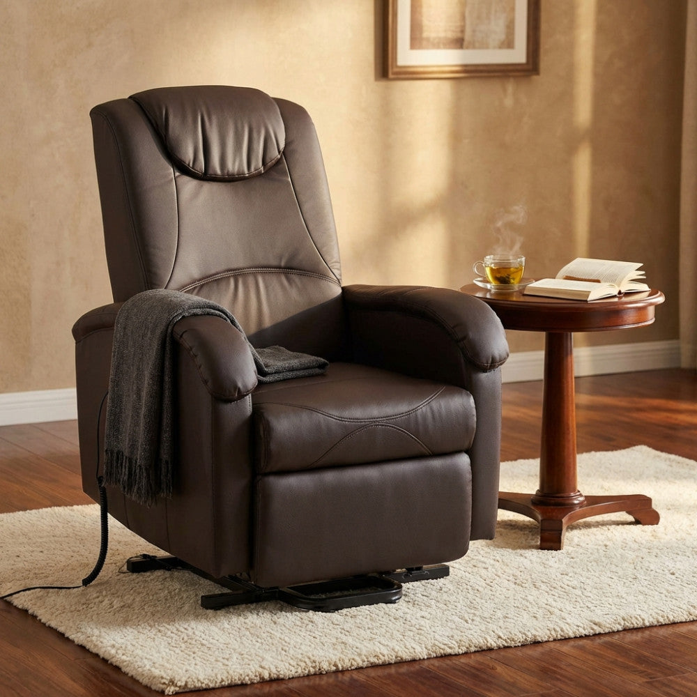 TAIGA ELECTRIC MASSAGE RELAXATION CHAIR. Armchair in BEIGE or BROWN eco-leather. It has a reclining relaxation opening and electric raise and lowering with massage function. Dimensions: 72 x 95/182 x 106/145 h cm.
