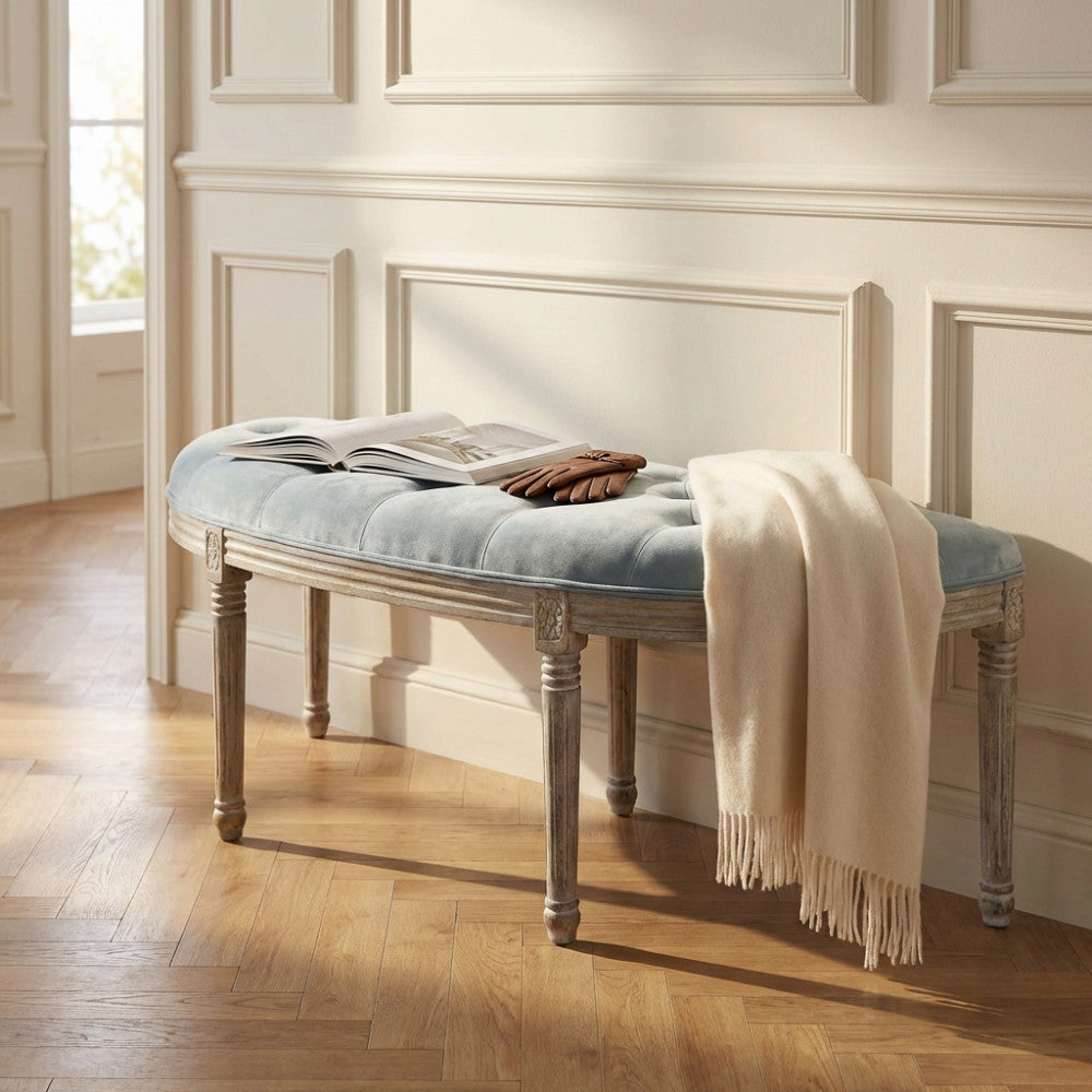 MARGI BENCH IN GREY VELVET. Dimensions: 125 x 45 x 48 cm h.