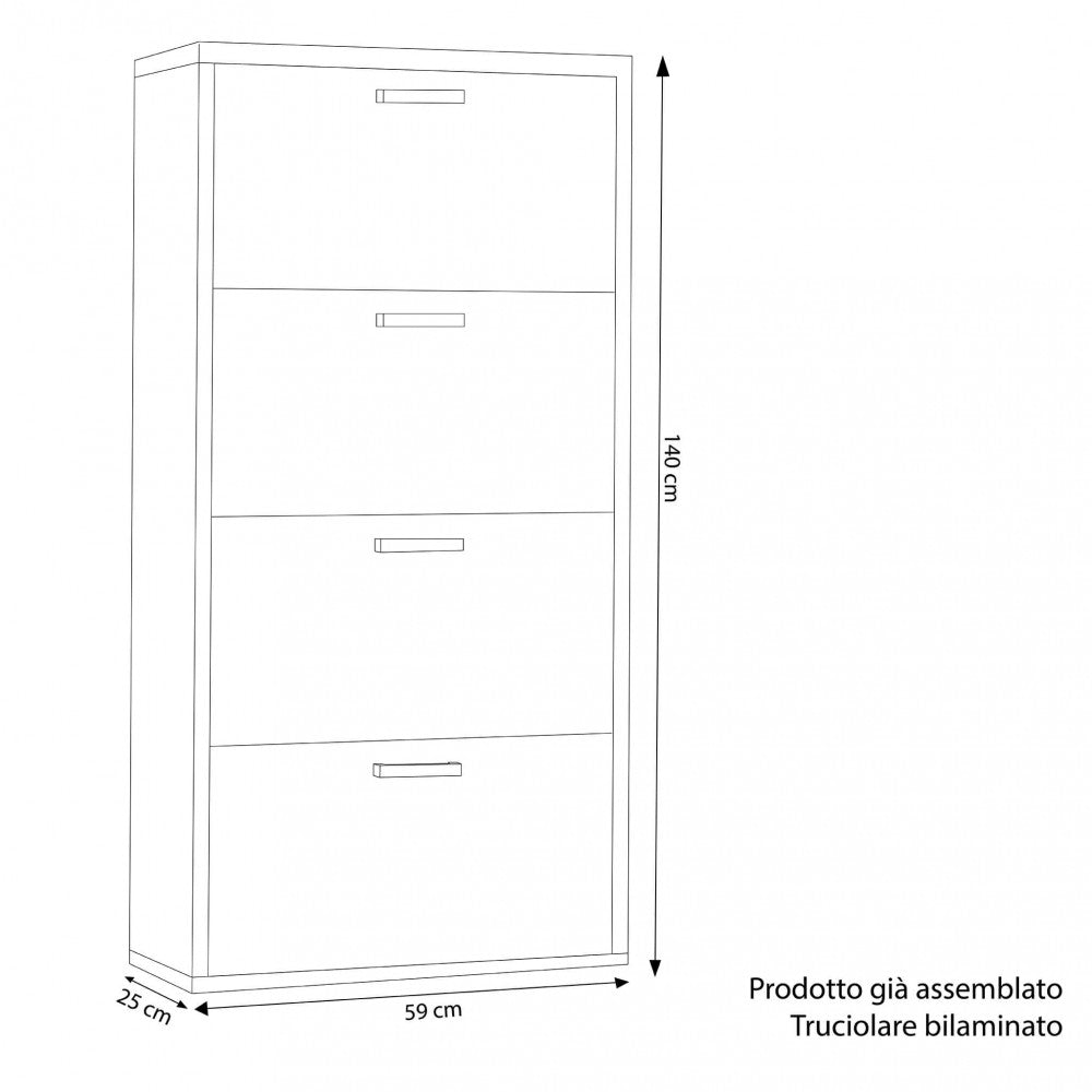MOLLY SHOE RACK WITH 4 FLAP-DOORS IN LIGHT ELM. Shoe rack in LIGHT ELM wood, 16 mm thick. Dimensions: 59 x 25 x 140 cm.