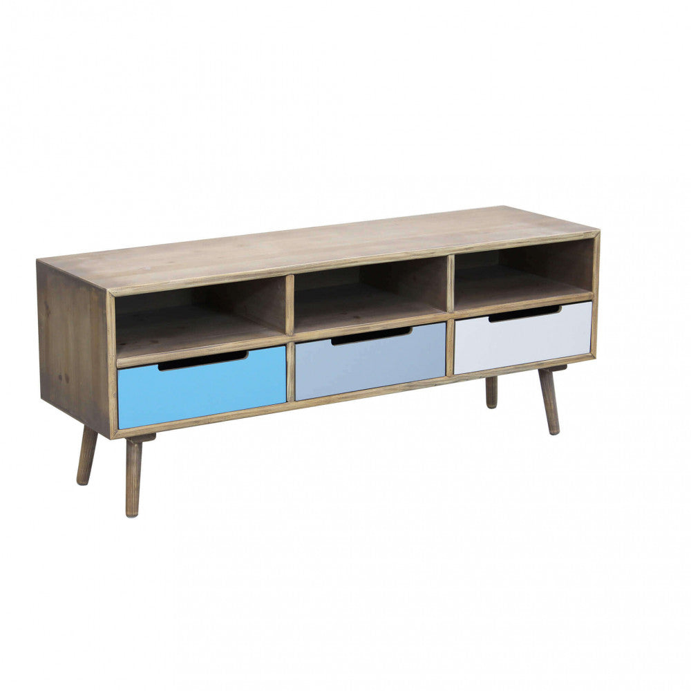PORTA TV TIBURG. Struttura in MDF, gambe in legno di pino, top colore NATURALE 3 ripiani e 3 cassetti colorati Dimensioni: cm 120 x 35,5 x 29,5 h.