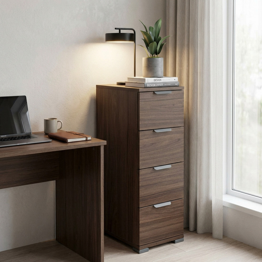 CASSETTIERA PAROS 4 CASSETTI TINTA NOCE. Dimensioni: cm 27 x 38 x 85 h.