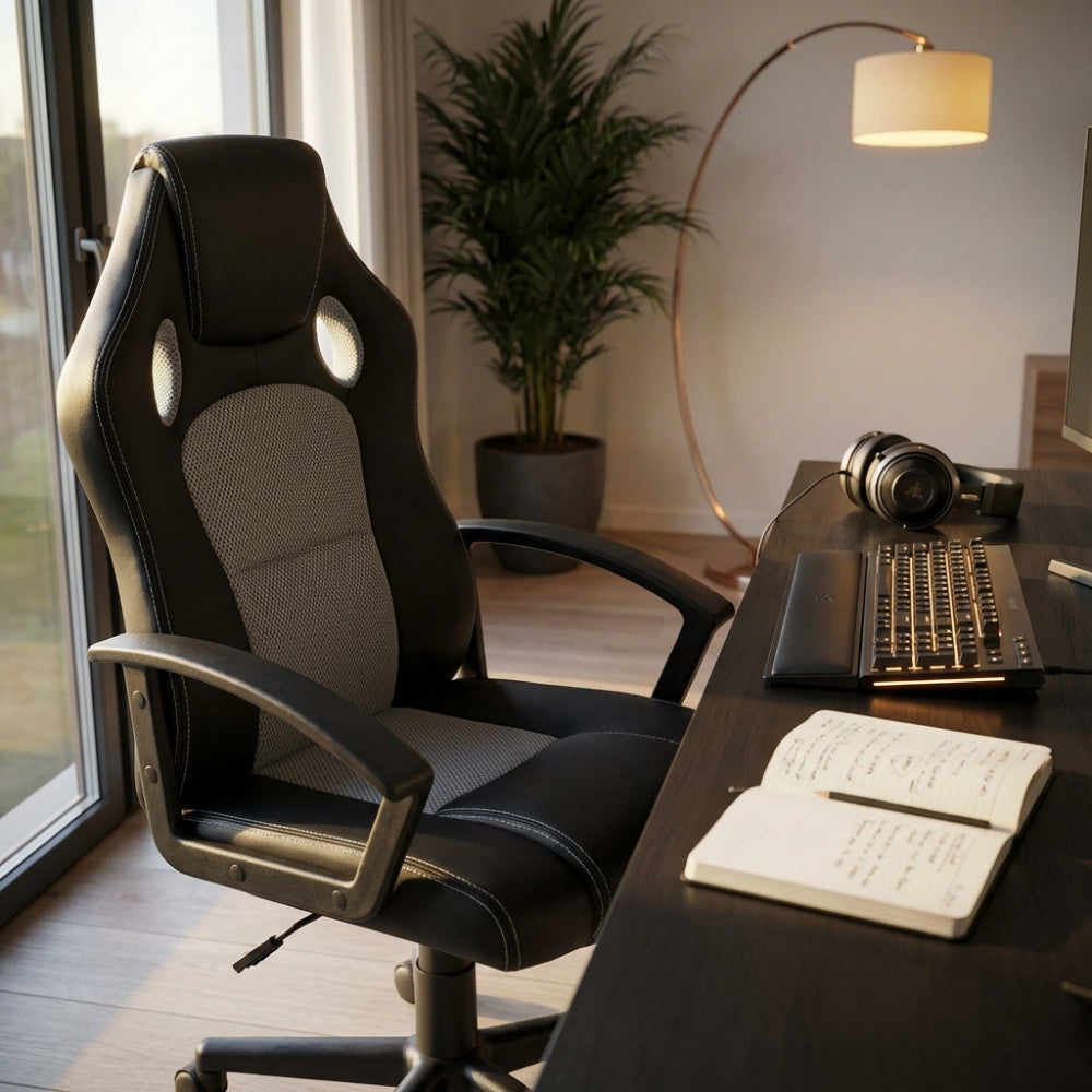 UNCHARTED GREY AND BLACK GAMING CHAIR. Dimensions: 61 x 65 x 104-113.5 cm.