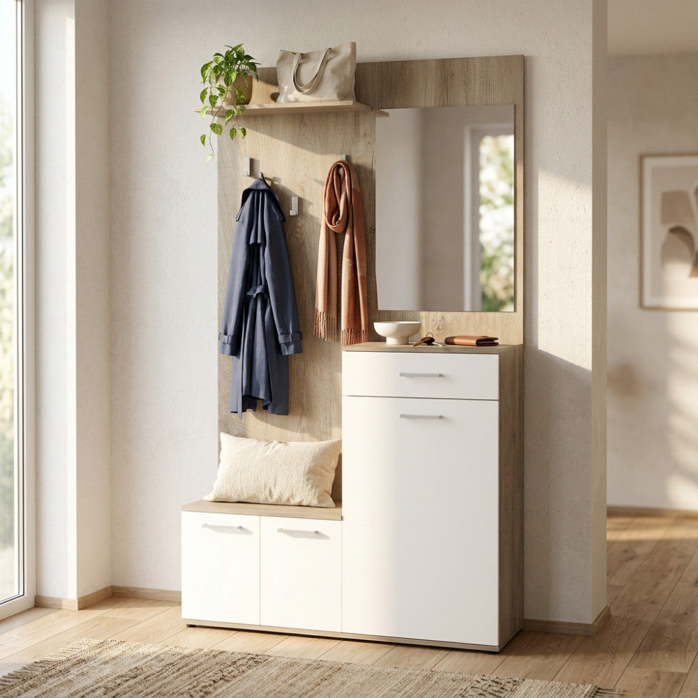 MOBILE PER ENTRATA SMERALDO ROVERE CHIARO E BIANCO. Dimensioni: cm 115 x 35 x 197 h.