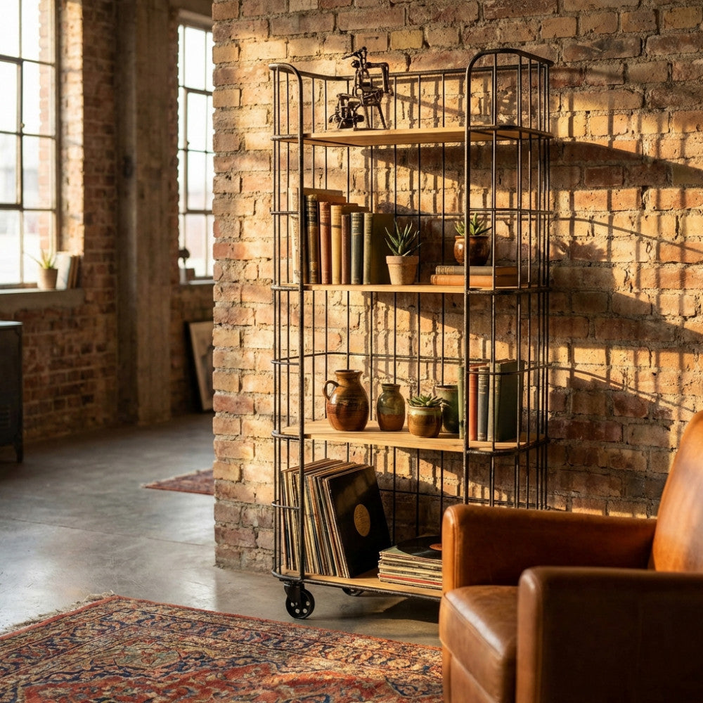 MOBILE AMYAS. Mobile in ferro e legno con 4 ripiani Dimensioni: cm 77 x 39,5 x 168 h.