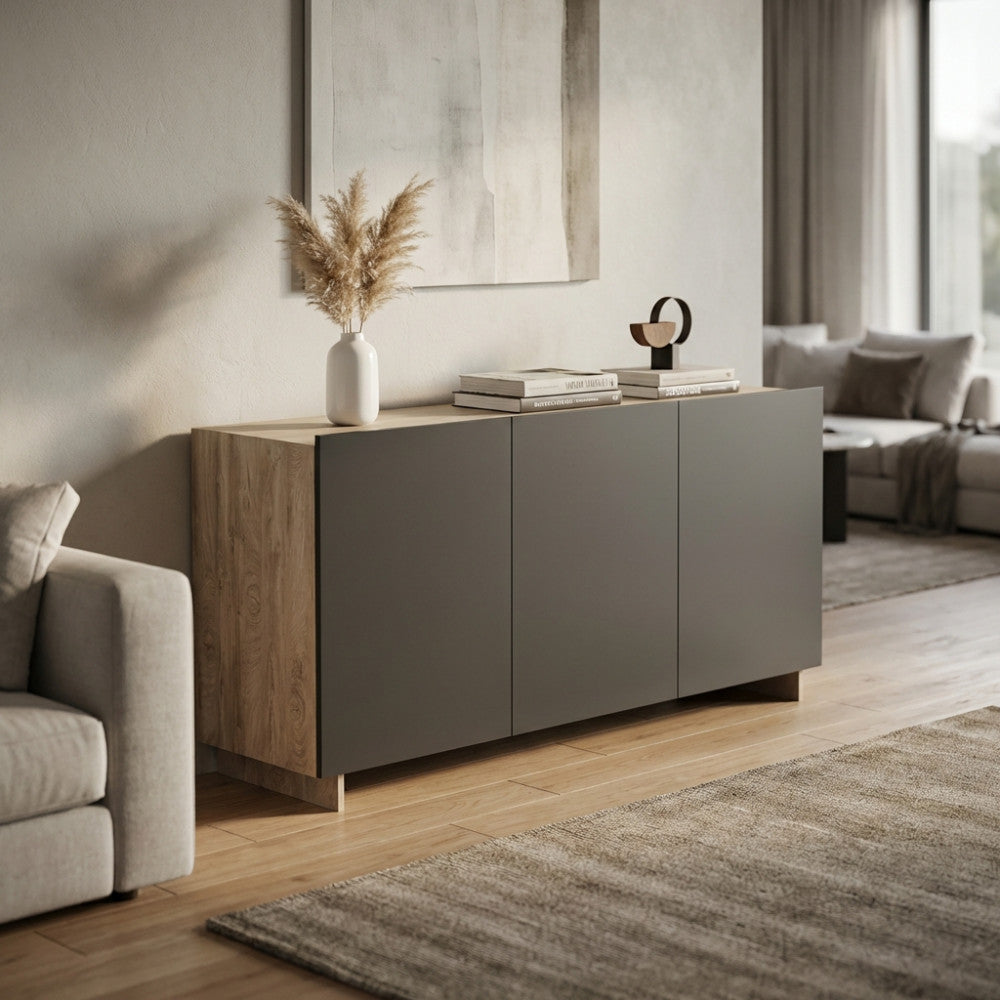 CREDENZA CARLILE ANTRACITE E ROVERE CHIARO. Credenza in legno ANTRACITE e ROVERE CHIARO Dimensioni: cm 150 x 40 x 76 h.
