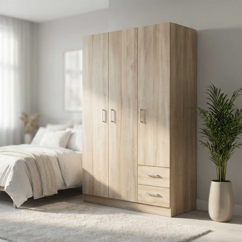 LEWI WARDROBE WITH 3 DOORS AND 2 DRAWERS IN ELM. Dimensions: 120 x 52 x 190 cm.