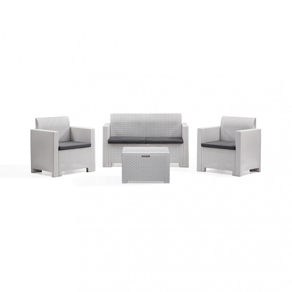 SALOTTO NEBRASKA 2 P C/CUSCINI. Struttura in plastica stampata, wicker BIANCO, NERO, MARRONE o TORTORA con cuscini Dimensioni: D.131x57x79/P.74x57x79/T.70x49x37. Arredo Giardino