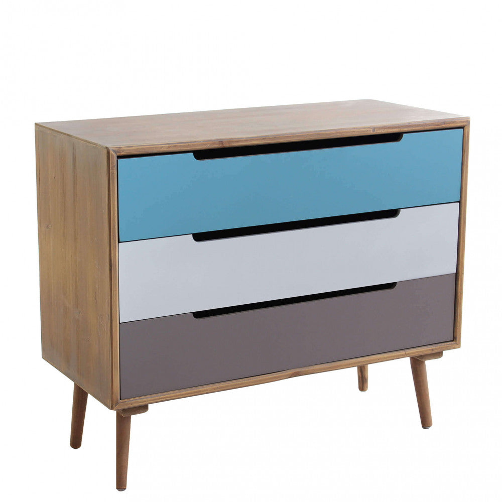 MOBILE BRISBANE. Struttura in MDF, gambe in legno di pino, top colore MARRONE 3 cassetti colorati Dimensioni: cm 80 x 35,5 x 66,5 h.