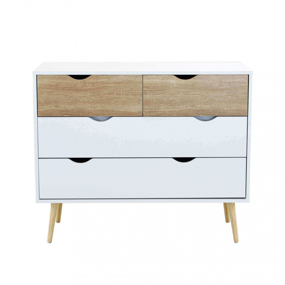 MOBILE TERENCE. Mobile con 4 cassetti in legno bianco e naturale Dimensioni: cm 99 x 39 x 82 h.