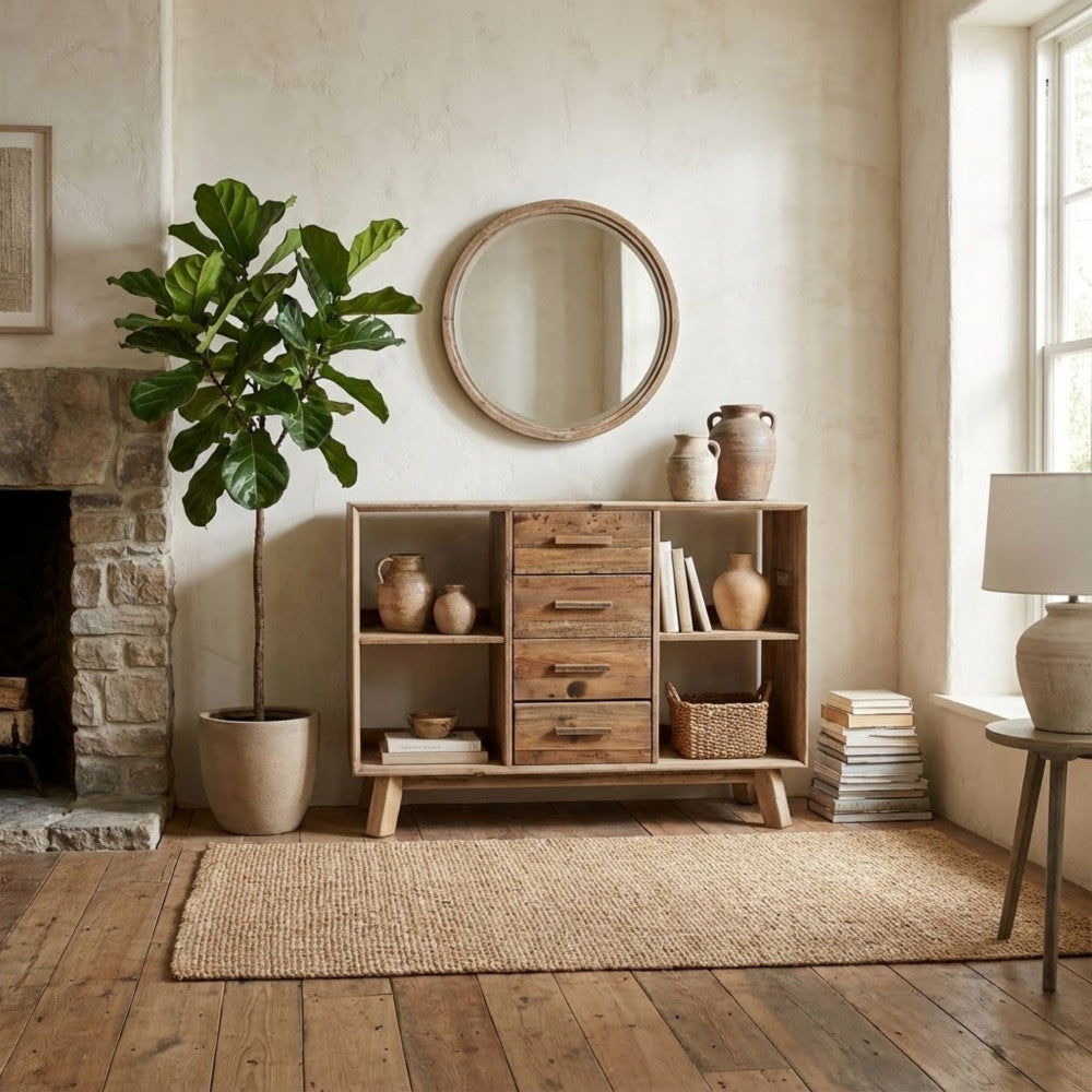 CREDENZA ADAM. Credenza con 4 cassetti e 4 ripiani in legno di pino riciclato Dimensioni: cm 120 x 40 x 90 h.