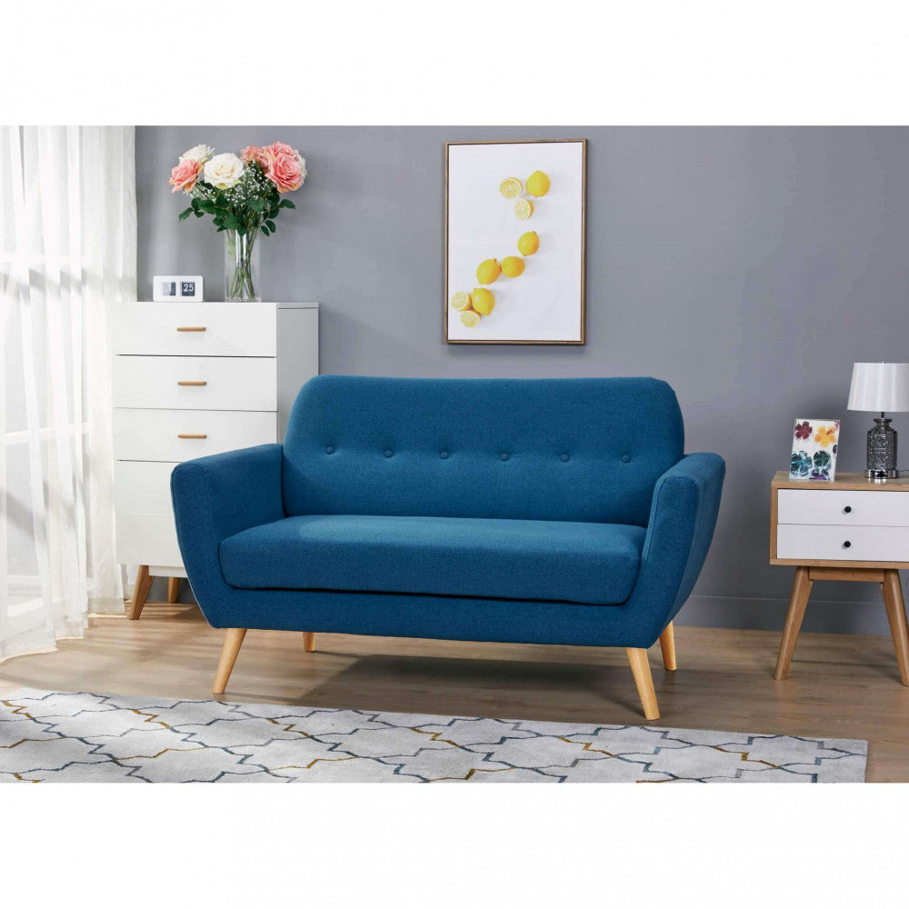 BURTON 2-SEATER SOFA. LIGHT GREY, DARK GREY or BLUE sofa with buttons and polypropylene legs. Dimensions: 147 x 79 x 86 h cm.