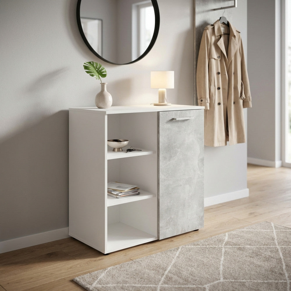 MOBILETTO 1 ANTA E 3 MENSOLE MARK BIANCO E CEMENTO CHIARO. Dimensioni: cm 68 x 35 x 87 h.