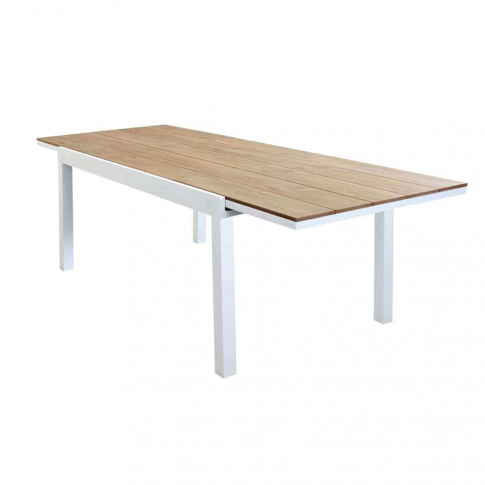 TAVOLO CAYMAN 160/240 X 95. Struttura in alluminio BIANCO o TAUPE piano in polywood color TEAK Dimensioni: cm 160/240 x 95 x 75 h. Arredo Giardino