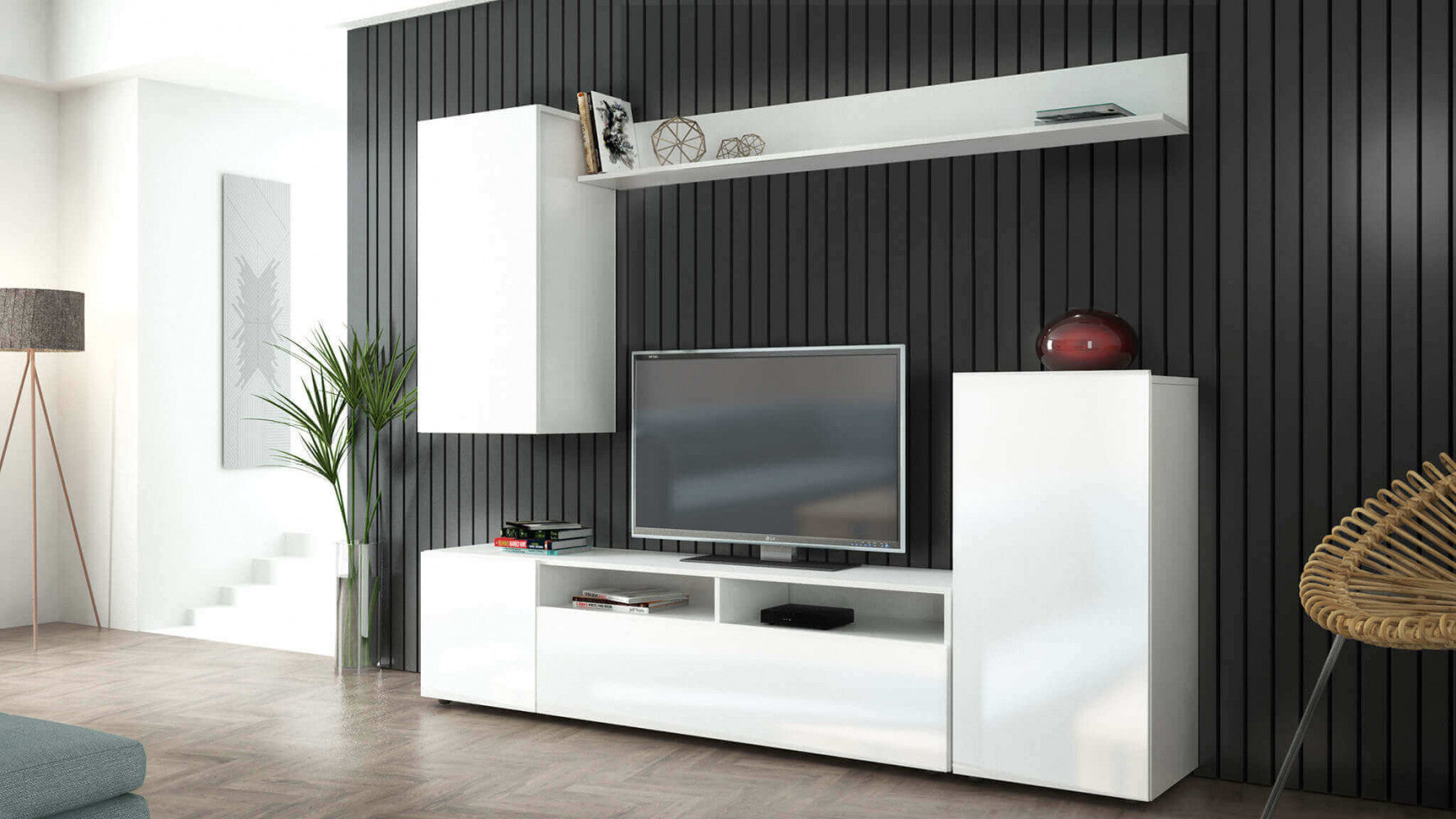 PARETE SOGGIORNO BRIDGE BIANCO E BIANCO LUCIDO. Parete in legno BIANCO e BIANCO LUCIDO Dimensioni: cm 207 x 34 x 170 h.