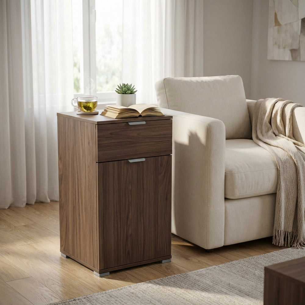 LENA CABINET WITH 1 DOOR AND 1 DRAWER, WALNUT STAIN. Dimensions: 45 x 38 x 85 cm h.
