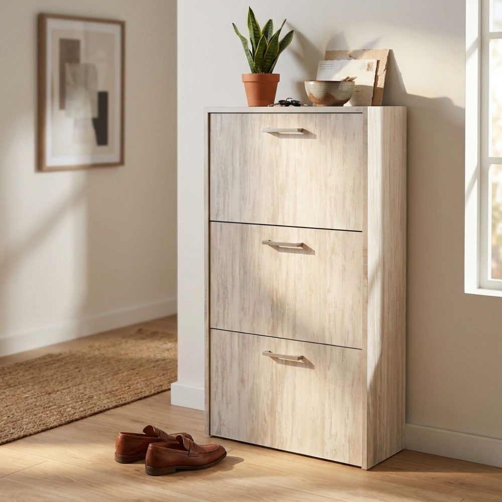 MOLLY SHOE RACK WITH 3 FLAP DOORS IN LIGHT PINE. Shoe rack in LIGHT PINE wood, 16 mm thick. Dimensions: 59 x 25 x 105 cm.
