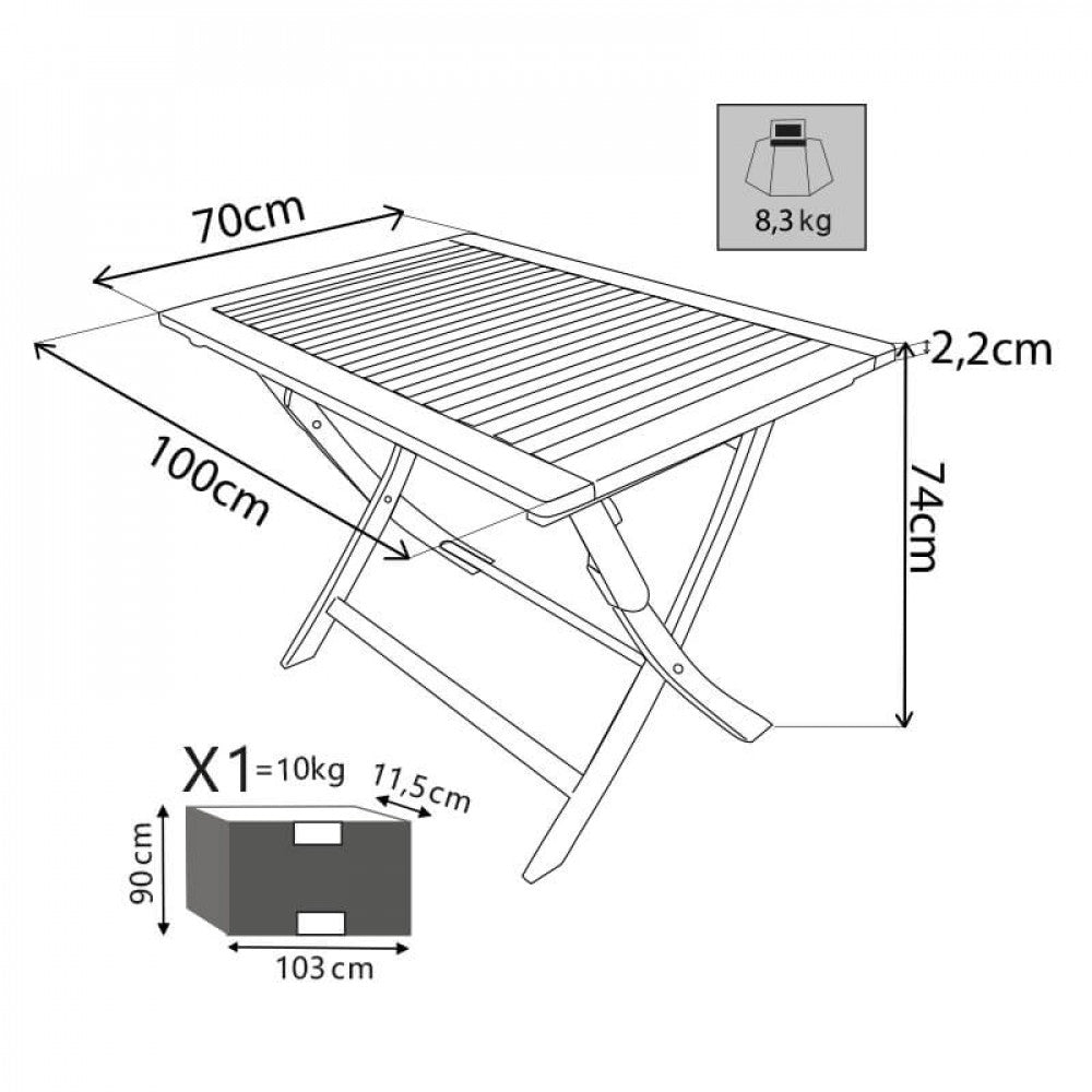 TAVOLO DIEGO PIEGHEVOLE 100 X 70. Legno di Acacia massiccio spessore 22 mm Dimensioni: cm 100 x 70 x 74 h. Arredo Giardino