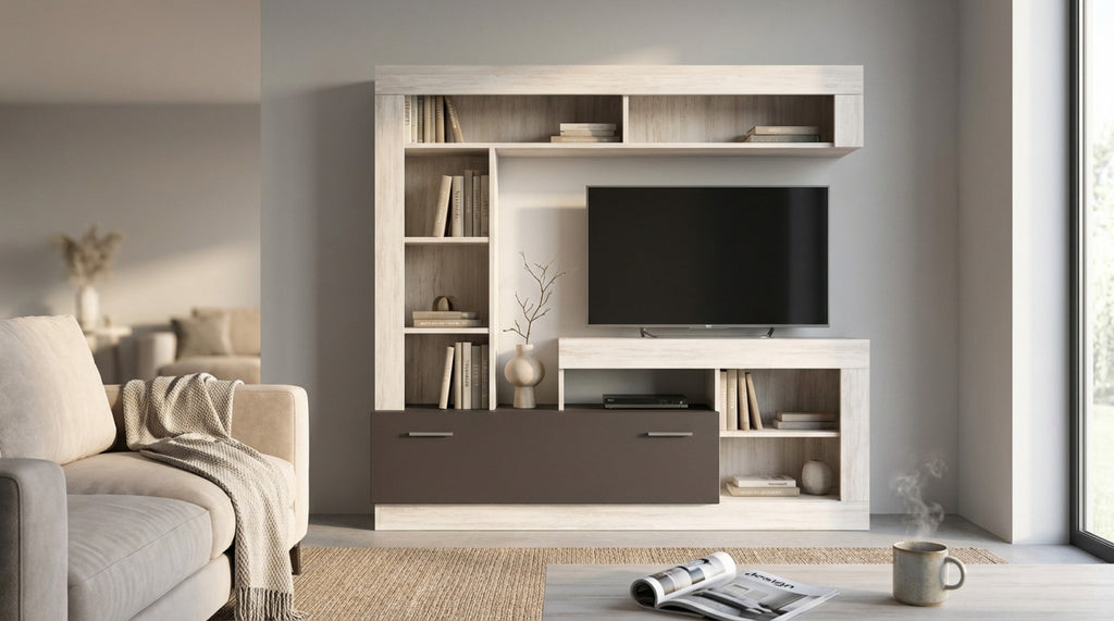 LEONARD LIVING ROOM WALL UNIT, LIGHT PINE AND GREY. Dimensions: 170 x 42 x 170 cm h.