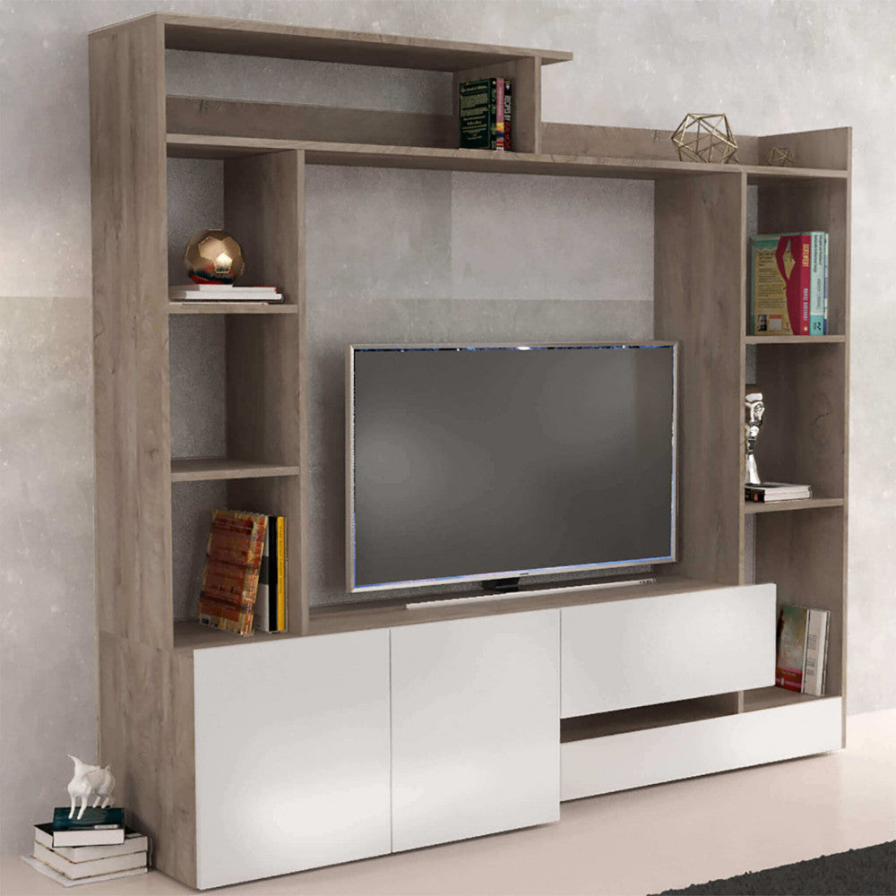 PARETE SOGGIORNO ENTRY BIANCO E ROVERE CHIARO. Parete in legno BIANCO e ROVERE CHIARO Dimensioni: cm 180 x 28/40 x 165 h.
