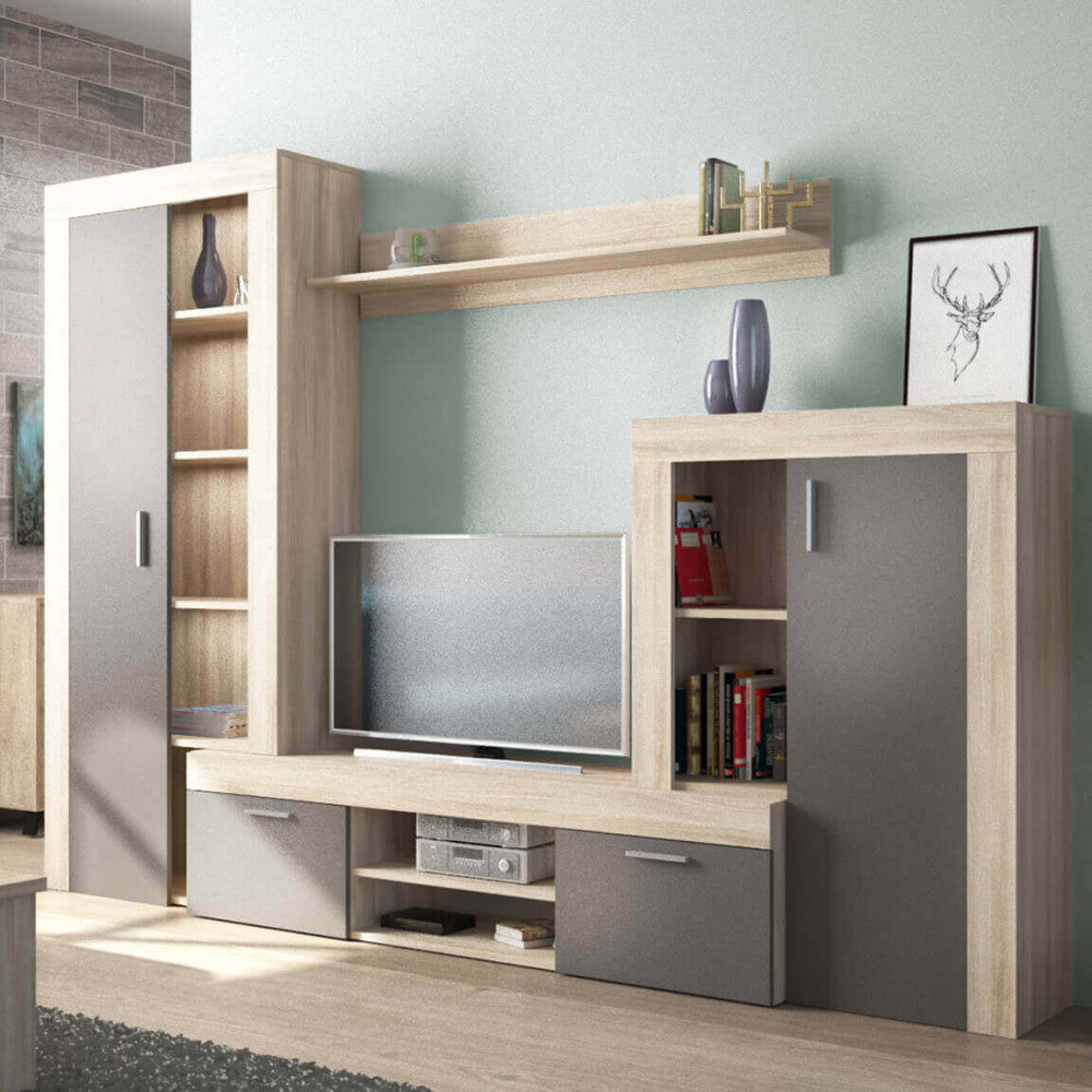 PARETE SOGGIORNO NOBEL OLMO E GRIGIO. Dimensioni: cm 263 x 40 x 200 h.