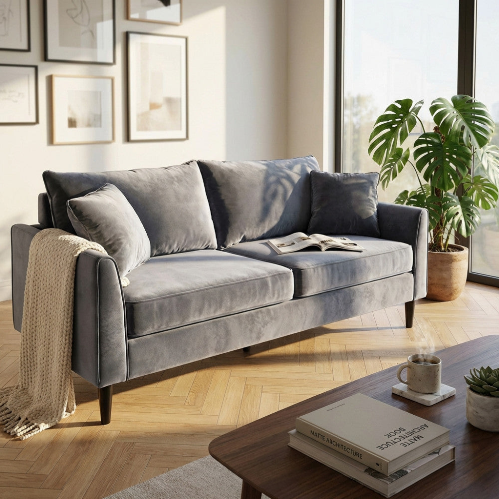 CHANDLER 3-SEAT SOFA. Sofa in TAUPE, BORDEAUX, GREY or BLUE velvet. Dimensions: 196 x 81 x 89 h cm.