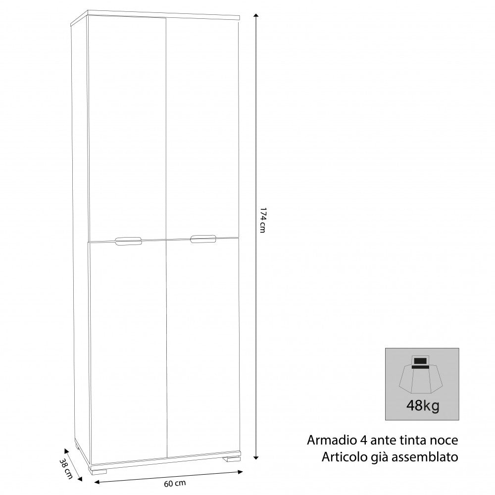 ARMADIO TENA 4 ANTE TINTA NOCE. Dimensioni: cm 60 x 38 x 174 h.