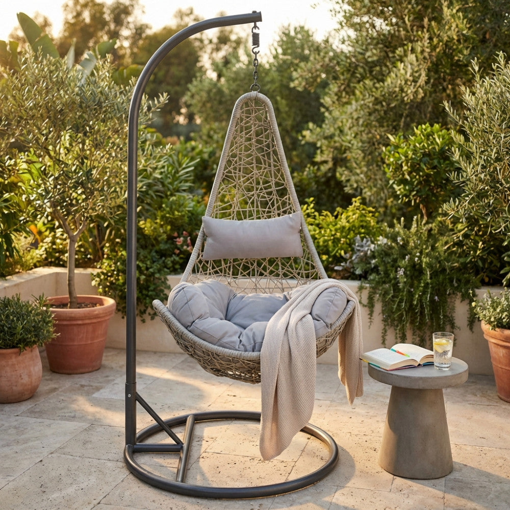 PONZA SWING CHAIR. Matt dove grey metal frame, GREY or WHITE or NATURAL wicker seat, 42 x 2.5 mm metal tubes, 42 x 1.5 mm base, matching polyester cushion. Dimensions: Frame 95 x 195 h, seat 80 x 70 x 122 cm. Garden Furniture