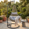 PONZA SWING CHAIR. Matt dove grey metal frame, GREY or WHITE or NATURAL wicker seat, 42 x 2.5 mm metal tubes, 42 x 1.5 mm base, matching polyester cushion. Dimensions: Frame 95 x 195 h, seat 80 x 70 x 122 cm. Garden Furniture