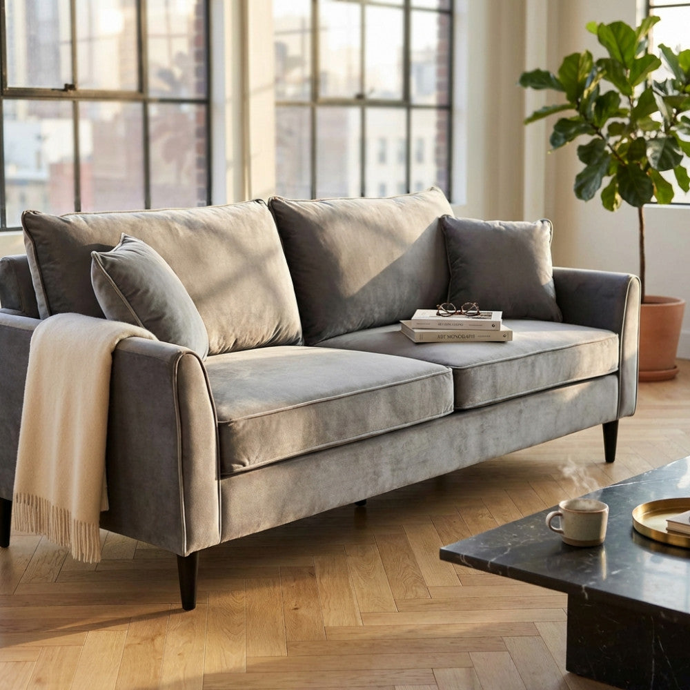 CHANDLER 3-SEAT SOFA. Sofa in TAUPE, BORDEAUX, GREY or BLUE velvet. Dimensions: 196 x 81 x 89 h cm.