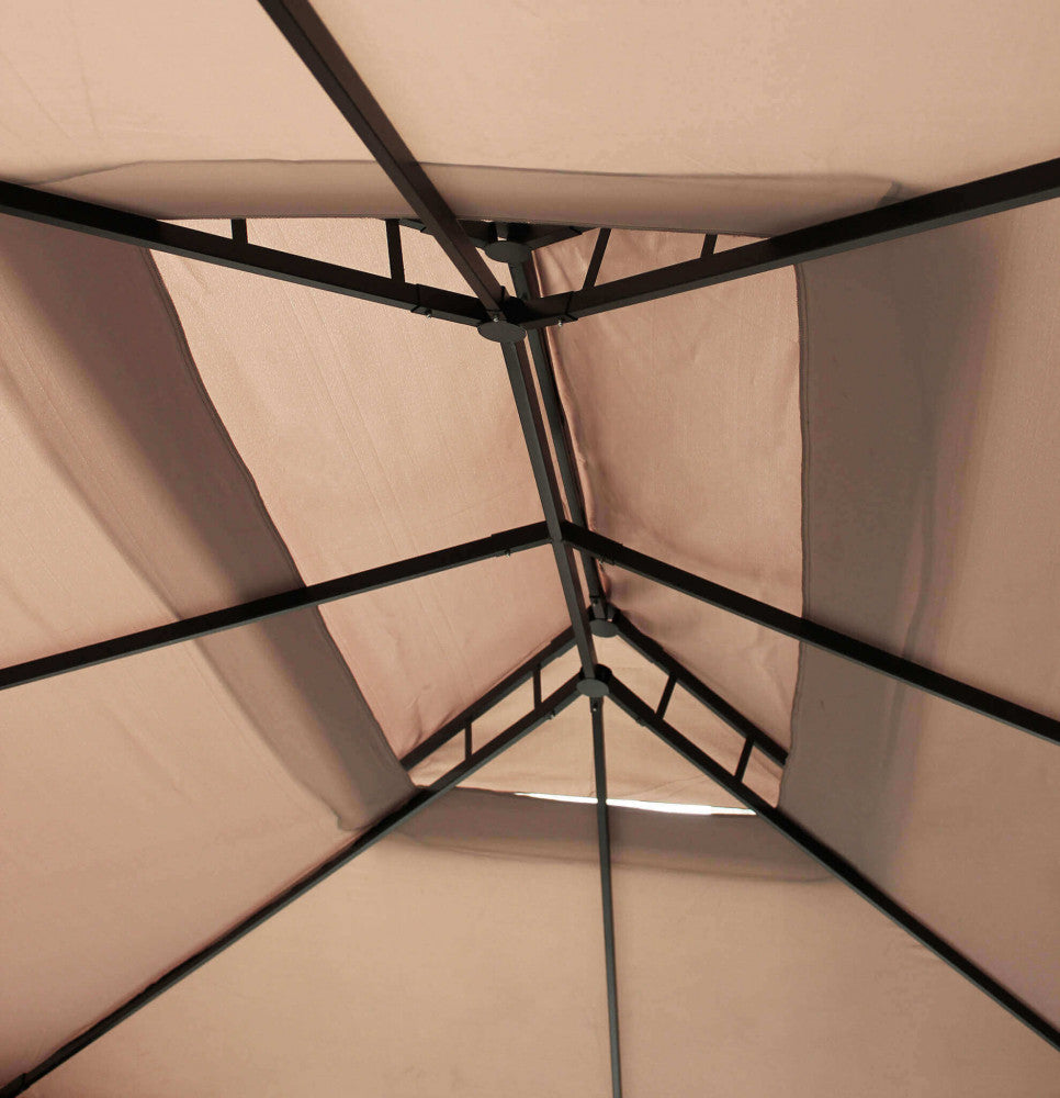 GAZEBO AVANA 3 X 4. Telo in poliestere AVORIO 180 gr e laterali 160 gr struttura in alluminio finitura NERA completo di 4 tende e zanzariere Dimensioni: m 3 x 4. Arredo Giardino